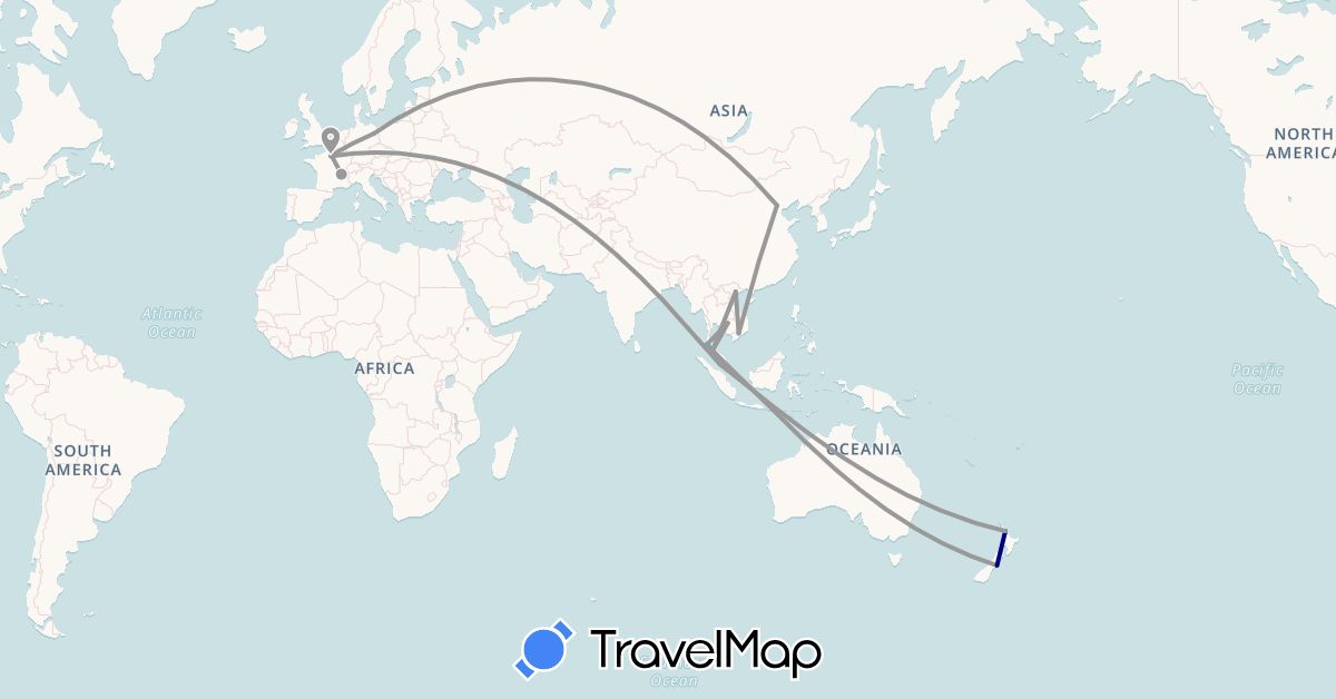 TravelMap itinerary: driving, plane, boat in China, Germany, France, Indonesia, Cambodia, Malaysia, New Zealand, Thailand, Vietnam (Asia, Europe, Oceania)